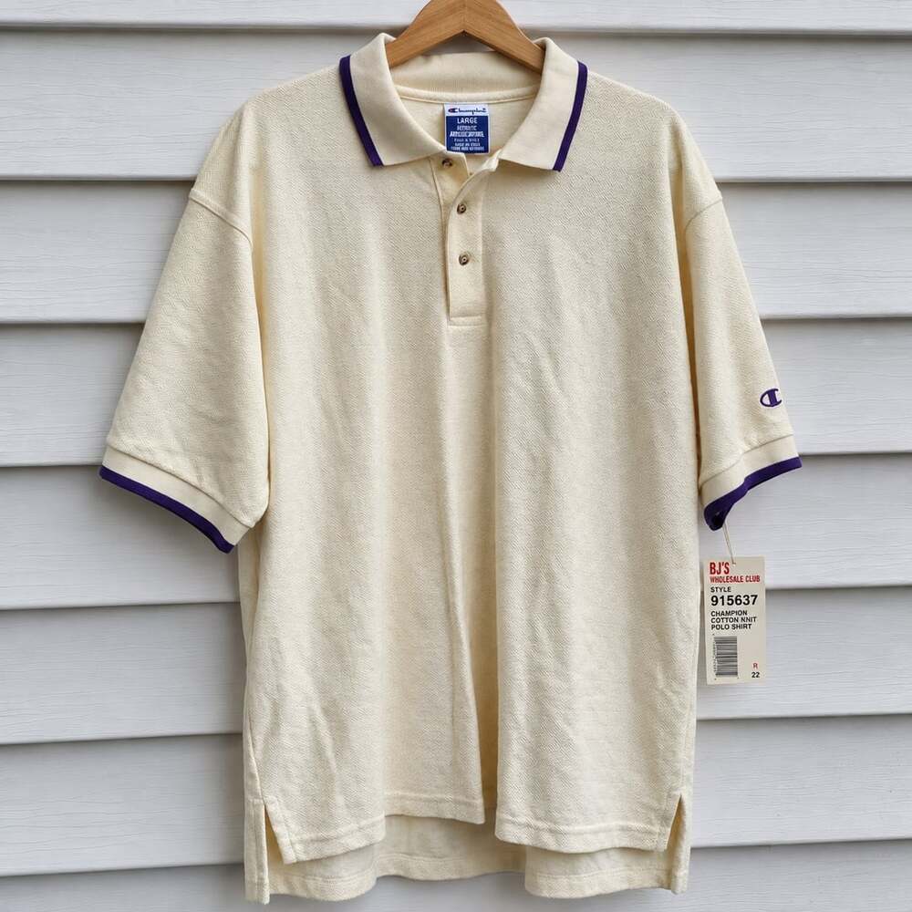 Vintage Champion Polo Shirt L Made USA Cream Purple Herringbone Deadstock